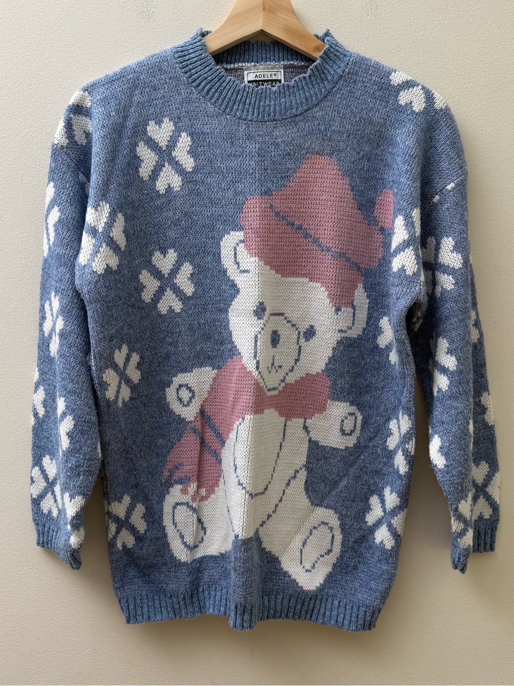 Vintage Adele Knitwear Blue Teddy Sweater with Cream & Pink Accents